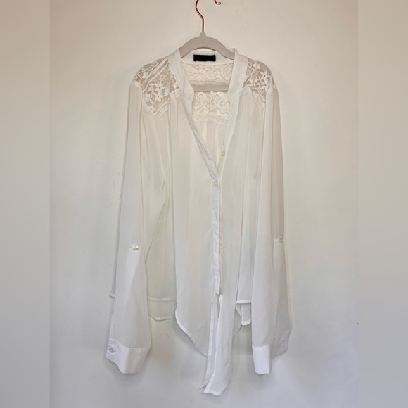mine Sheer Embroidered Blouse Bridal Honeymoon Lace Front Tie Detail Womens Sz L - Picture 7 of 10